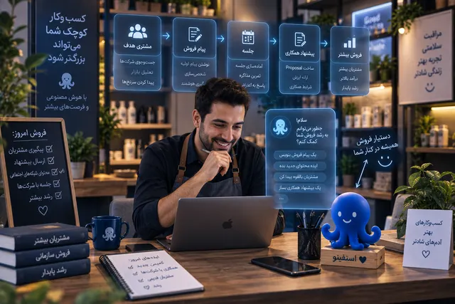 صاحب کسب‌وکار در حال استفاده از هوش مصنوعی برای فروش، جذب مشتری و آماده‌سازی پیشنهاد همکاری سازمانی