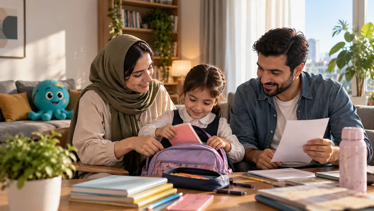 مدیریت هزینههای مدرسه با استفاده از مزایای رفاهی کارکنان پدر و مادر ایرانی در حال آماده کردن کیف و لوازم مدرسه فرزندشان در خانه
